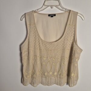 EXPRESS L Cream Embroidered Beaded Boho Elegant Dressy Sleeveless Sheer Blouse